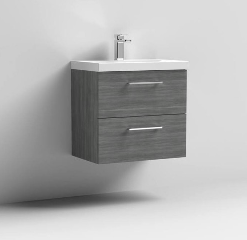 Nuie Arno Anthracite Woodgrain 600mm Wall Hung 2 Drawer Vanity Unit & Basin